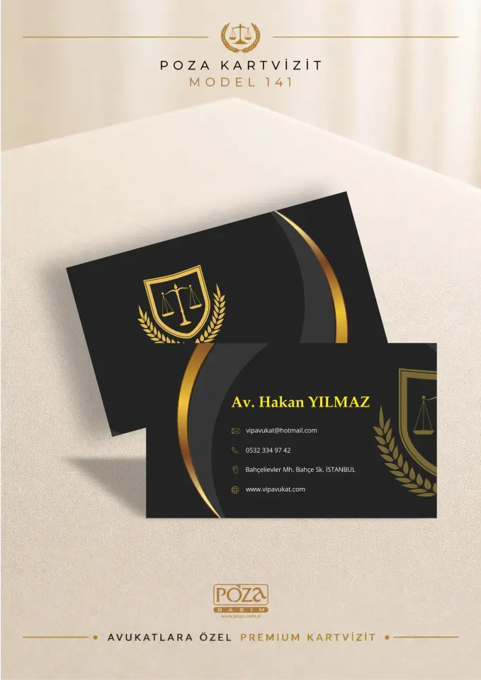 Poza Avukat Kartvizit Model 141 siyah gold renklerde, varak yaldıza uygun prestijli premium kartvizit tasarımı.