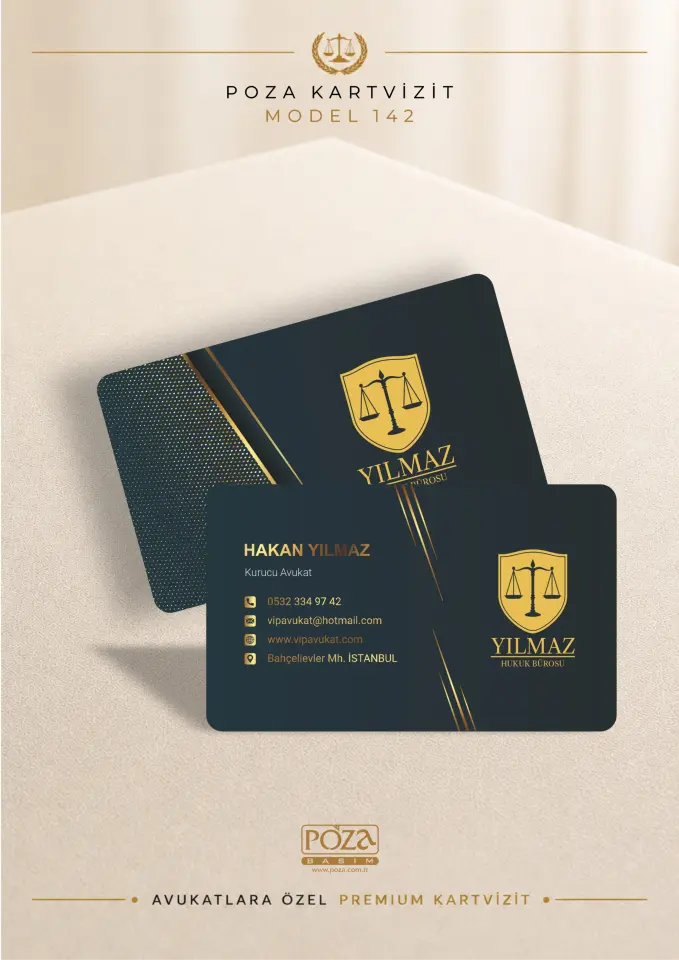 Poza Avukat Kartvizit Model 142 siyah gold renklerde, özel desenli zemin ve varak yaldız uyumlu premium avukat kartviziti tasarımı.