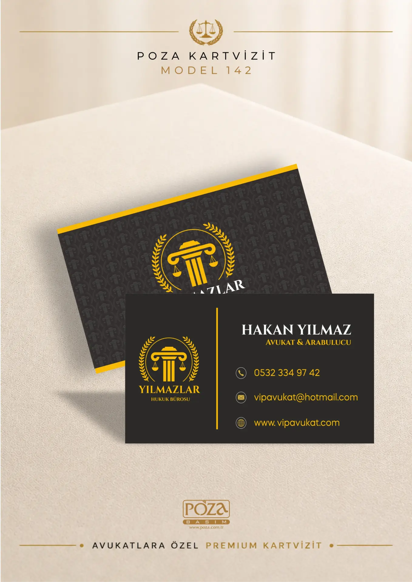 Poza Avukat Kartvizit Model 143 siyah gold renklerde, özel logo desenli arka planı ve varak yaldız uyumlu premium avukat kartviziti tasarımı.