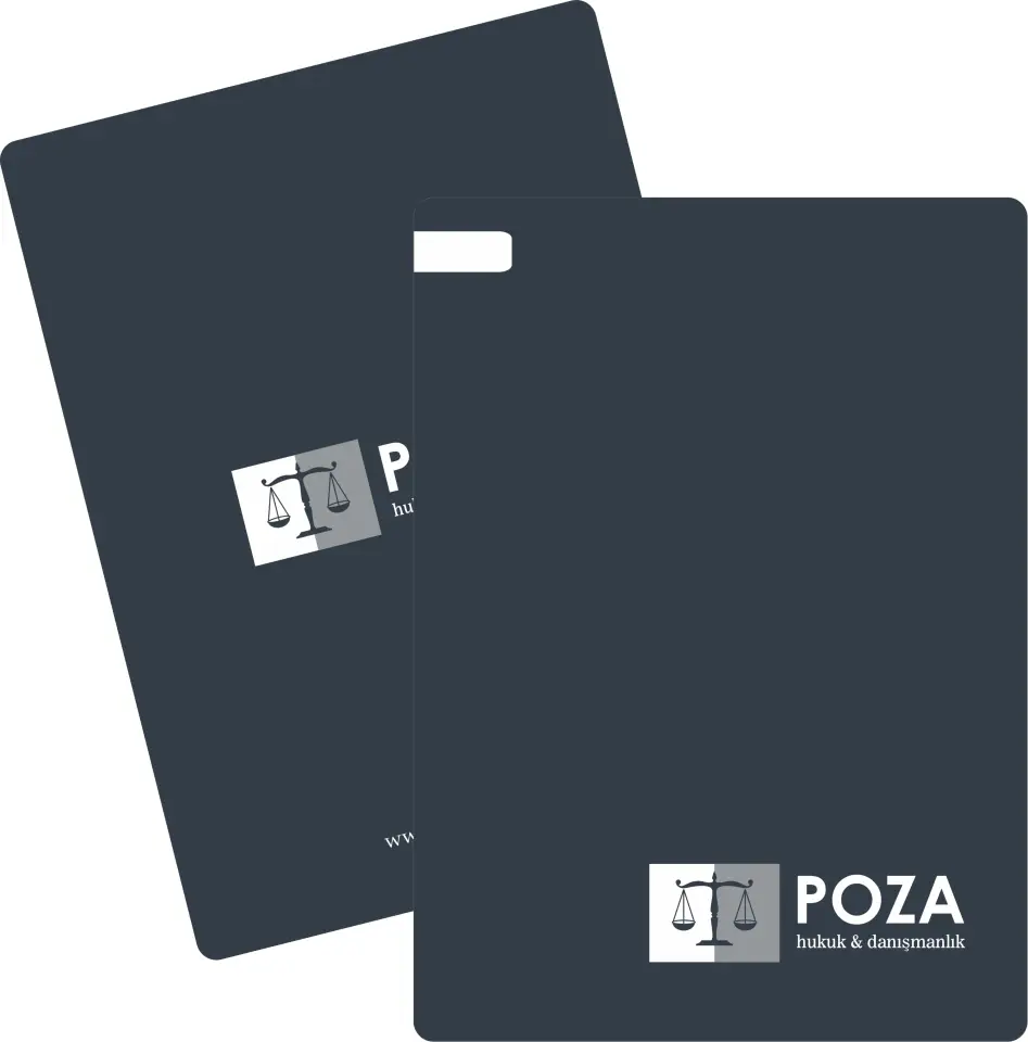 Antrasit zemin ve minimalist logo kullanımıyla sade, güçlü ve prestijli avukat büro dosyası modeli.