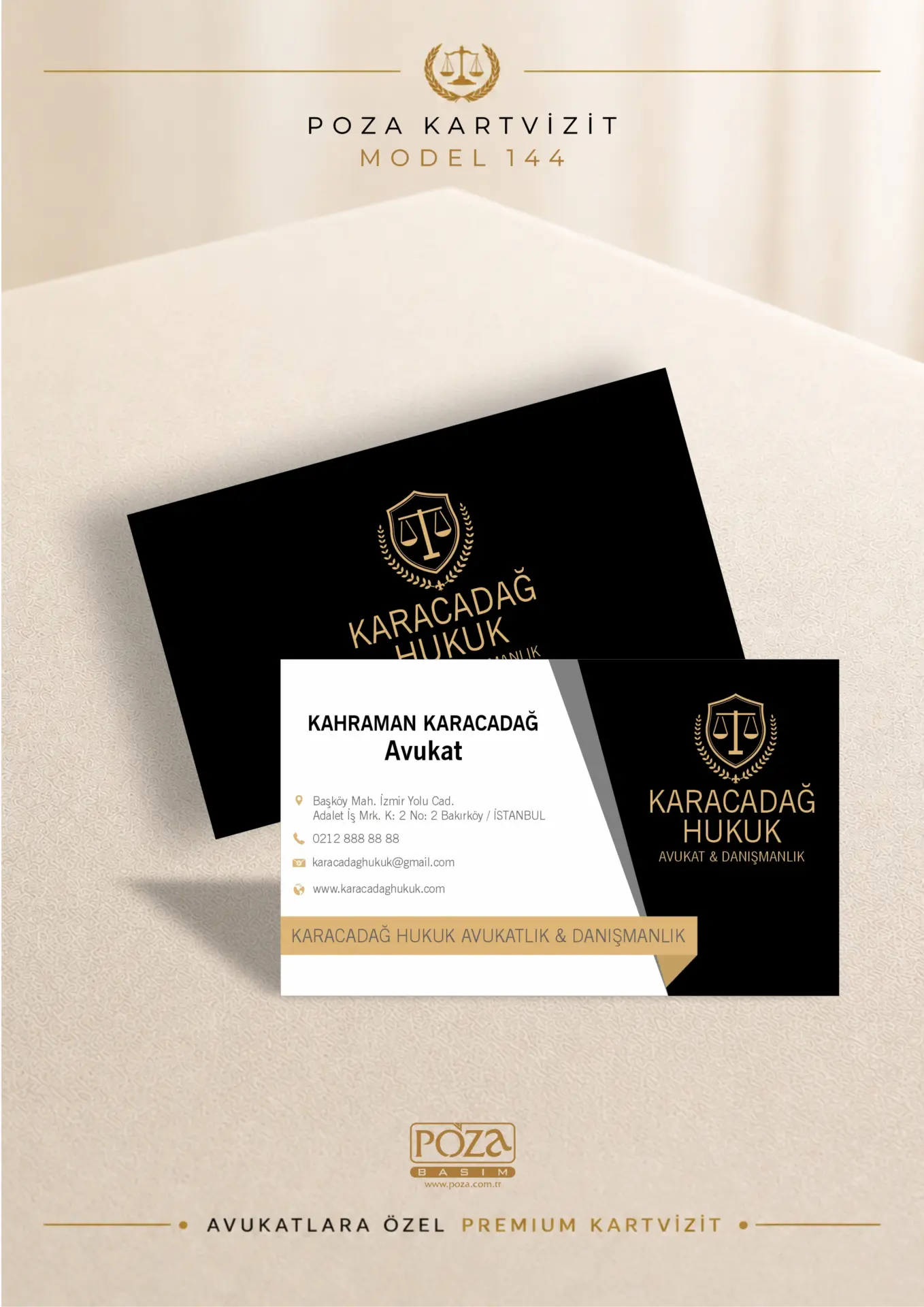 Poza Avukat Kartvizit Model 144 siyah, gold ve gri detaylarıyla hazırlanan, varak yaldız uyumlu premium avukat kartviziti tasarımı.