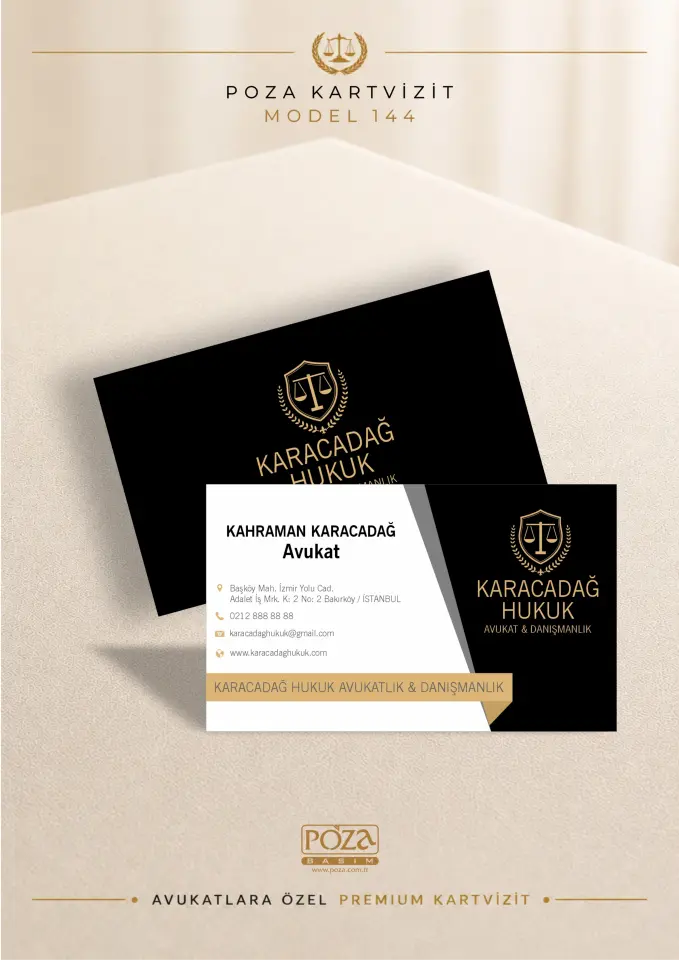 Poza Avukat Kartvizit Model 144 siyah, gold ve gri detaylarıyla hazırlanan, varak yaldız uyumlu premium avukat kartviziti tasarımı.