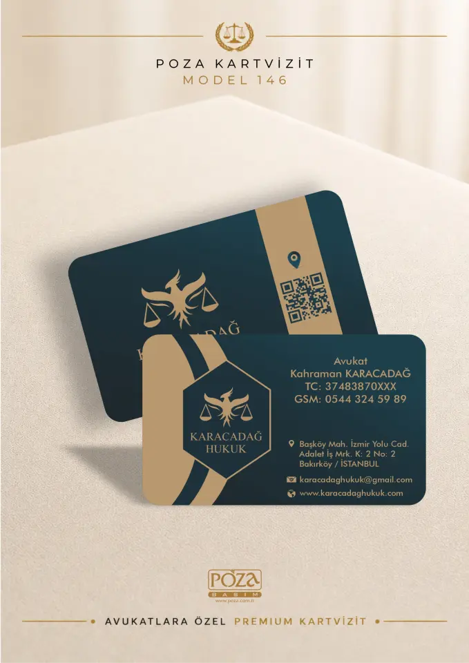 Poza Avukat Kartvizit Model 146 premium yeşil ve gold renklerde, karekod alanına sahip, varak yaldız uyumlu avukat kartviziti tasarımı.