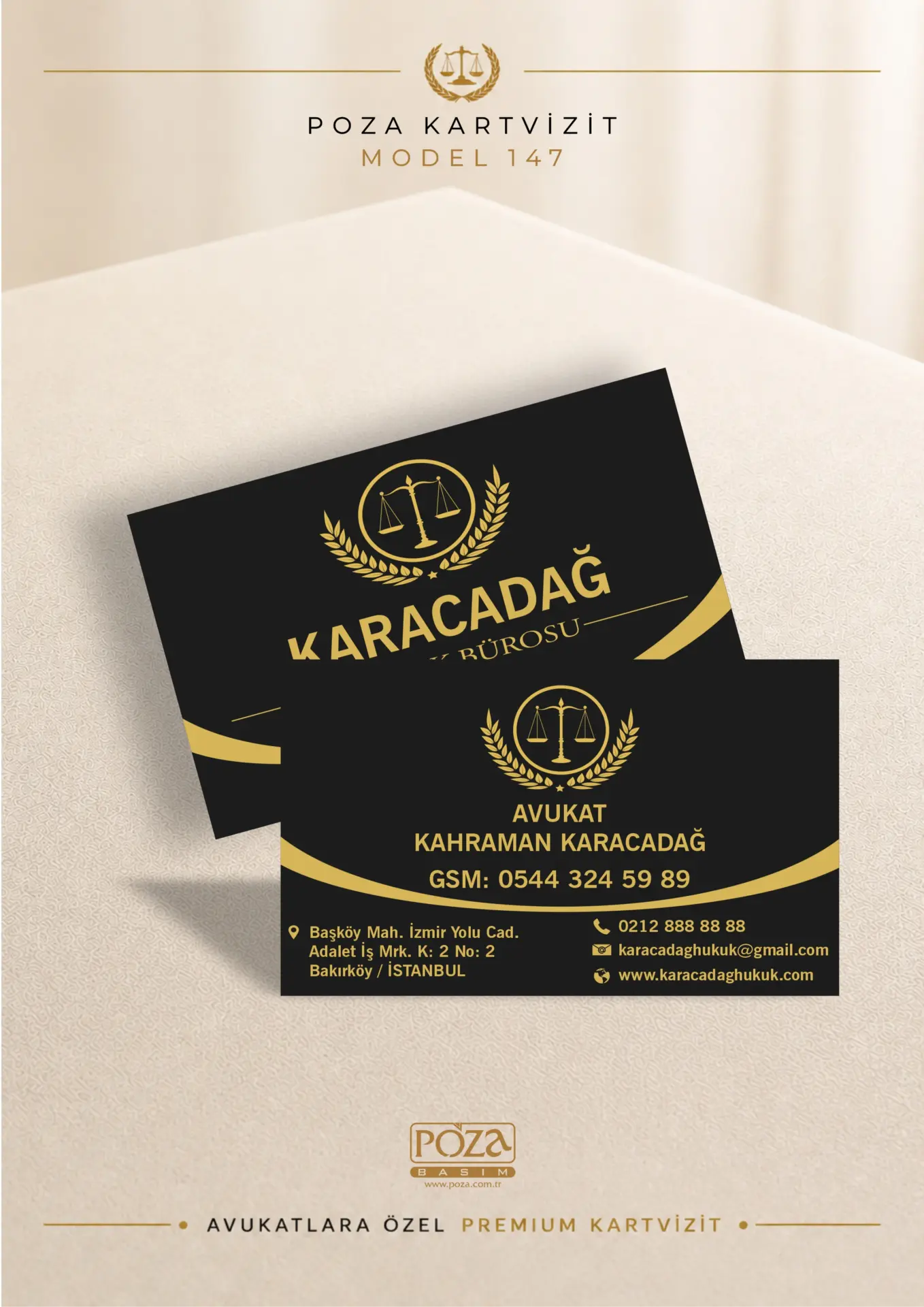 Poza Avukat Kartvizit Model 147 siyah gold renklerde, büyük logo tasarımlı, varak yaldız uyumlu premium avukat kartviziti.