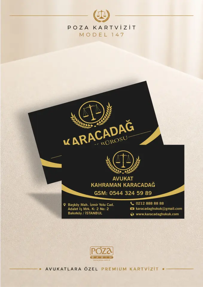 Poza Avukat Kartvizit Model 147 siyah gold renklerde, büyük logo tasarımlı, varak yaldız uyumlu premium avukat kartviziti.
