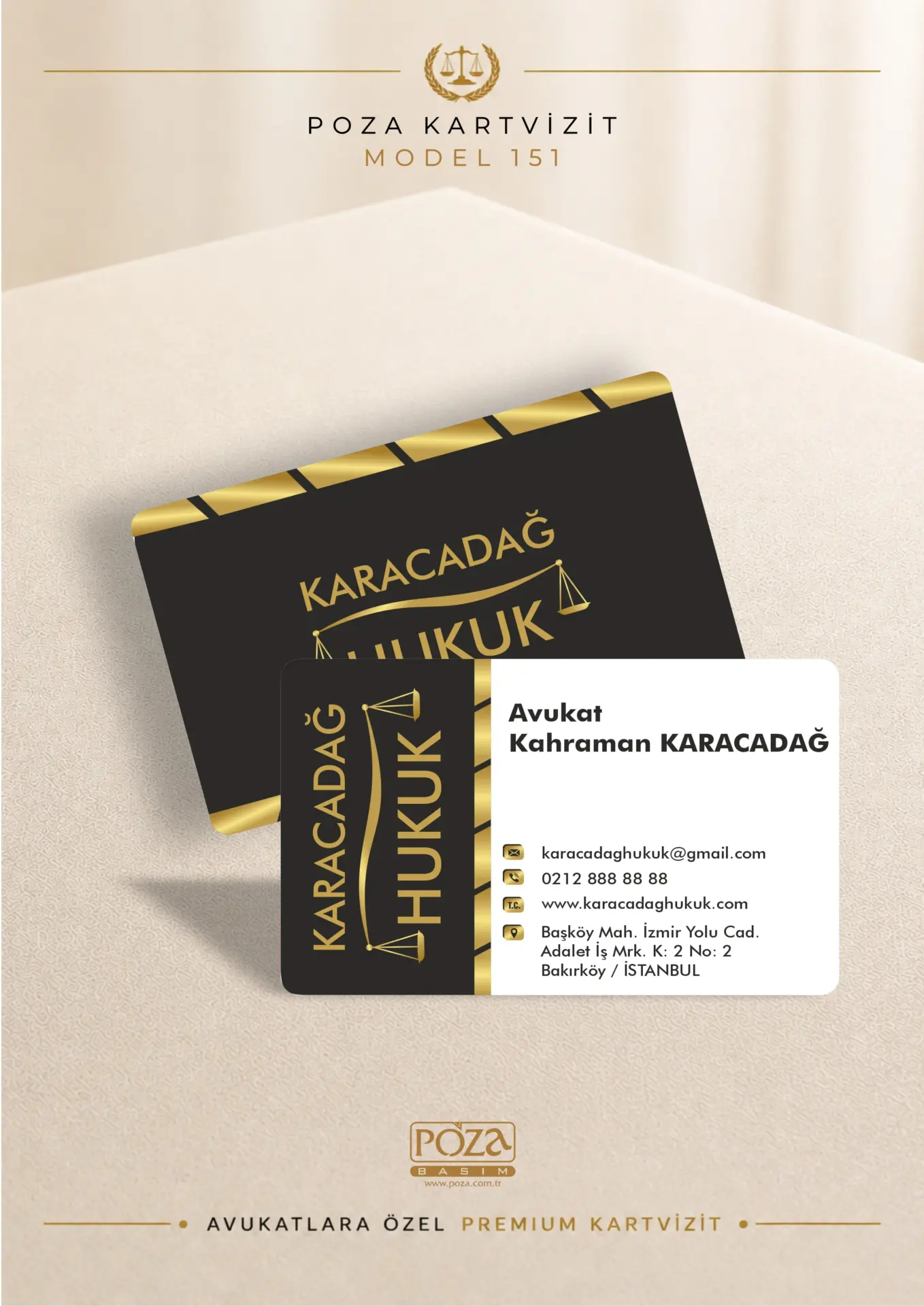 Poza Avukat Kartvizit Model 151 siyah beyaz ve gold şerit detaylı, varak yaldız uyumlu, kişiye özel premium avukat kartviziti.