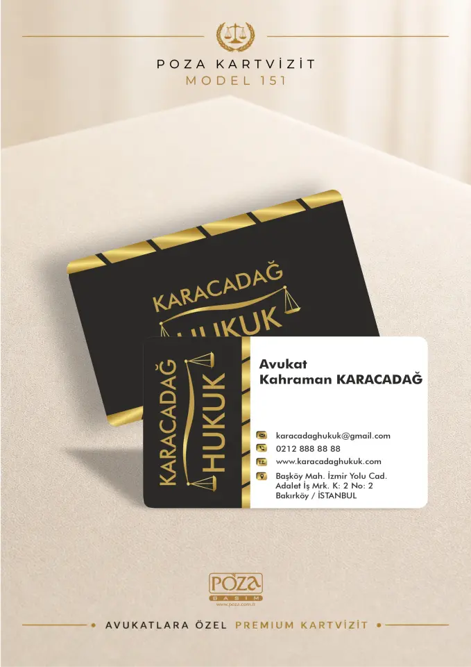 Poza Avukat Kartvizit Model 151 siyah beyaz ve gold şerit detaylı, varak yaldız uyumlu, kişiye özel premium avukat kartviziti.