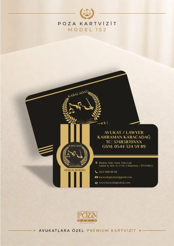 Poza Avukat Kartvizit Model 152 siyah gold renklerde, logo odaklı, varak yaldız uyumlu, kişiye özel premium avukat kartviziti.