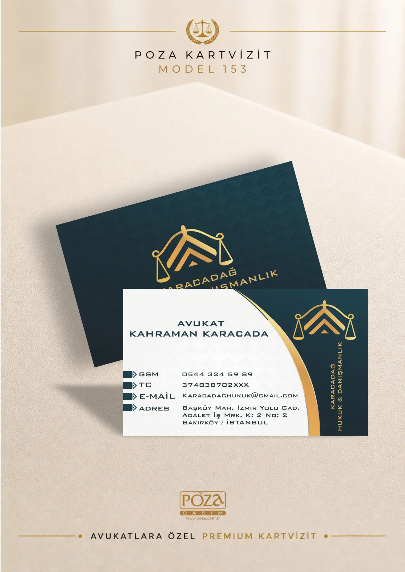 Poza Avukat Kartvizit Model 153 premium yeşil ve gold detaylı, varak yaldız uyumlu, kişiye özel VIP avukat kartviziti.