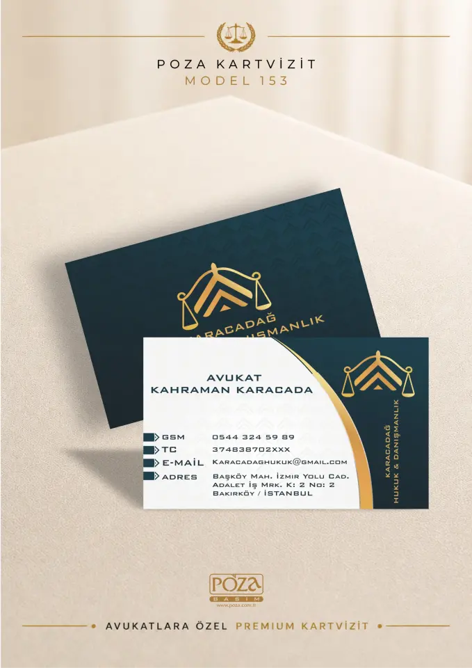 Poza Avukat Kartvizit Model 153 premium yeşil ve gold detaylı, varak yaldız uyumlu, kişiye özel VIP avukat kartviziti.