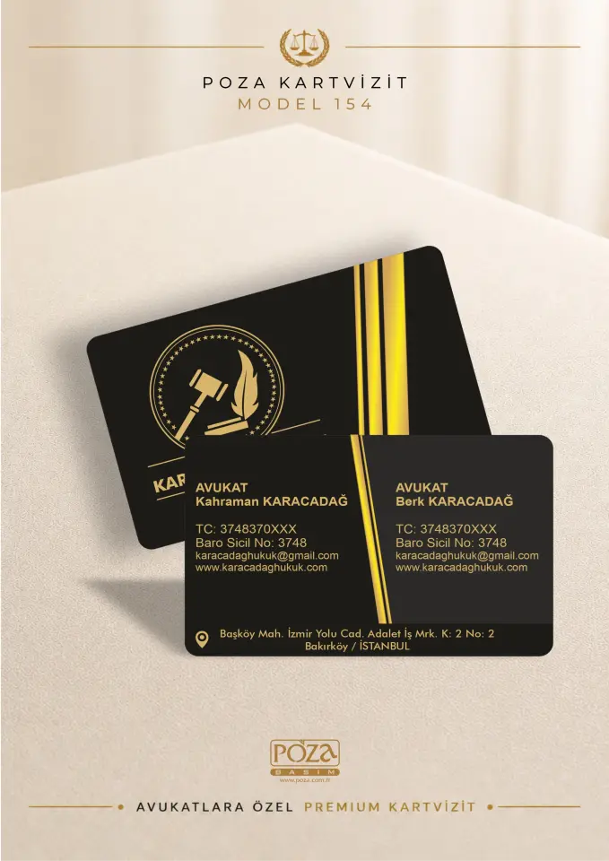 Poza Avukat Kartvizit Model 154 siyah gold renklerde, varak yaldız baskıya uygun, kişiye özel premium avukat kartviziti tasarımı.