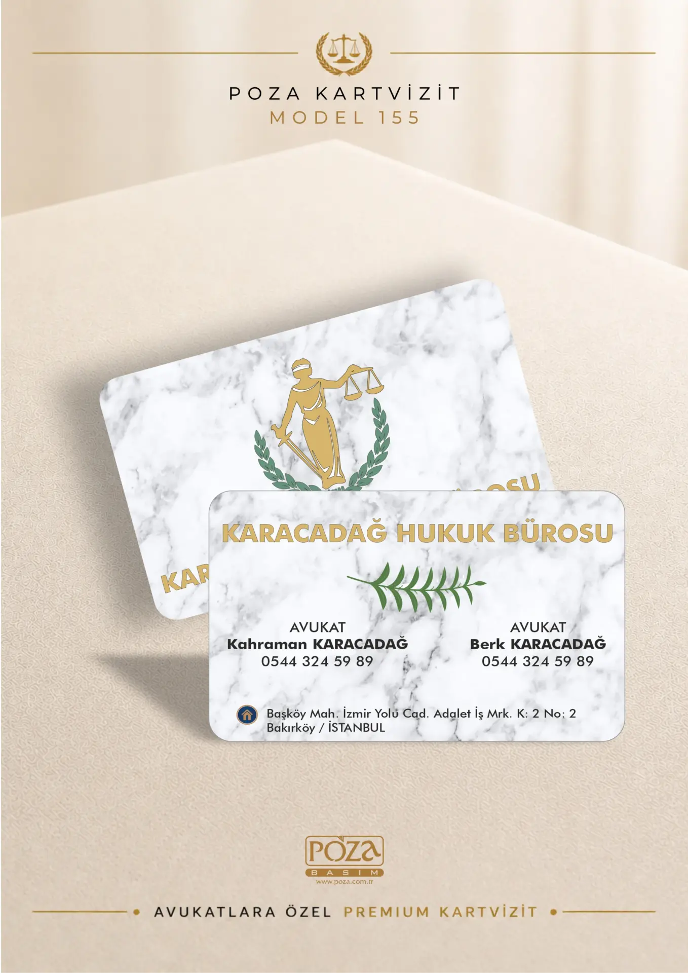 Poza Avukat Kartvizit Model 155 mermer desenli, yeşil ve gold detaylara sahip, kişiye özel premium avukat kartviziti tasarımı.