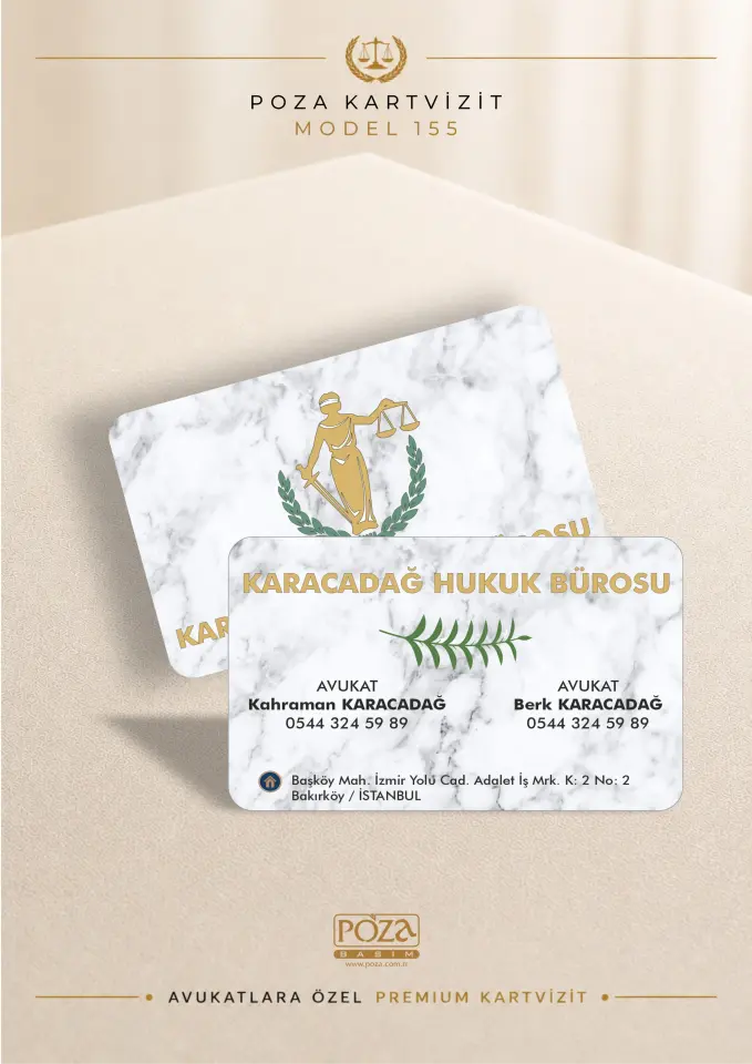 Poza Avukat Kartvizit Model 155 mermer desenli, yeşil ve gold detaylara sahip, kişiye özel premium avukat kartviziti tasarımı.