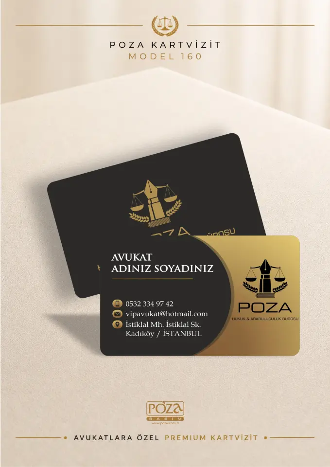 Poza Avukat Kartvizit Model 160 siyah ve gold renklerde hazırlanan, varak yaldız uygulamasına uygun, kişiye özel premium avukat kartviziti tasarımı.