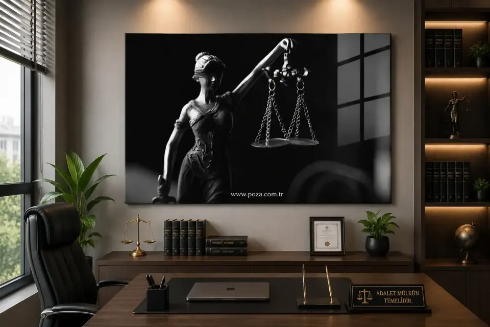 Siyah Beyaz Themis Cam Tablo – Minimal Adalet Temalı Premium Duvar Dekoru 14 * 20