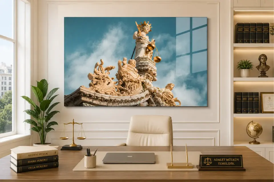 Taçlı Themis heykeli premium temperli cam tablo modeli