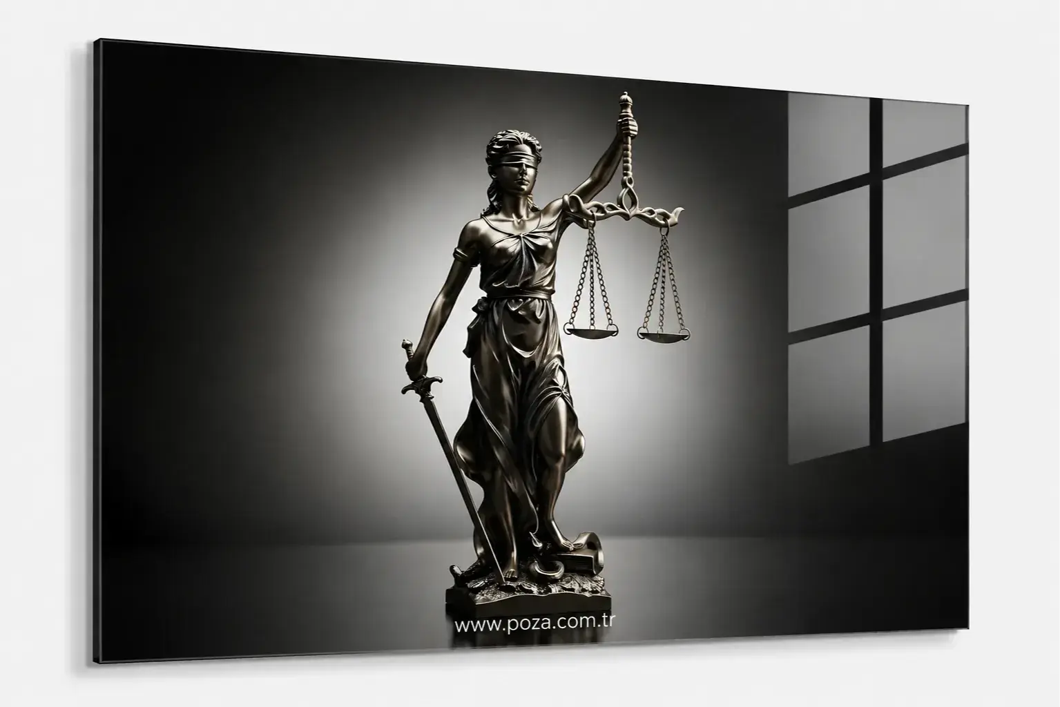 Siyah Themis Cam Tablo – Minimal Adalet Temalı Premium Duvar Dekoru 59 * 89