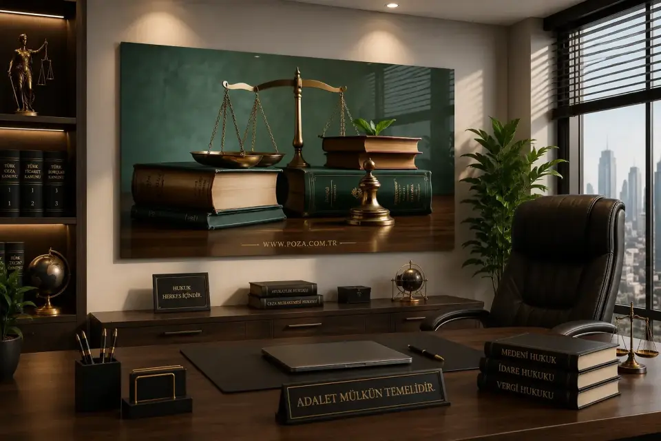 Hukuk Bürosu Cam Tablo – Adalet Terazisi ve Hukuk Kitapları 59 * 89