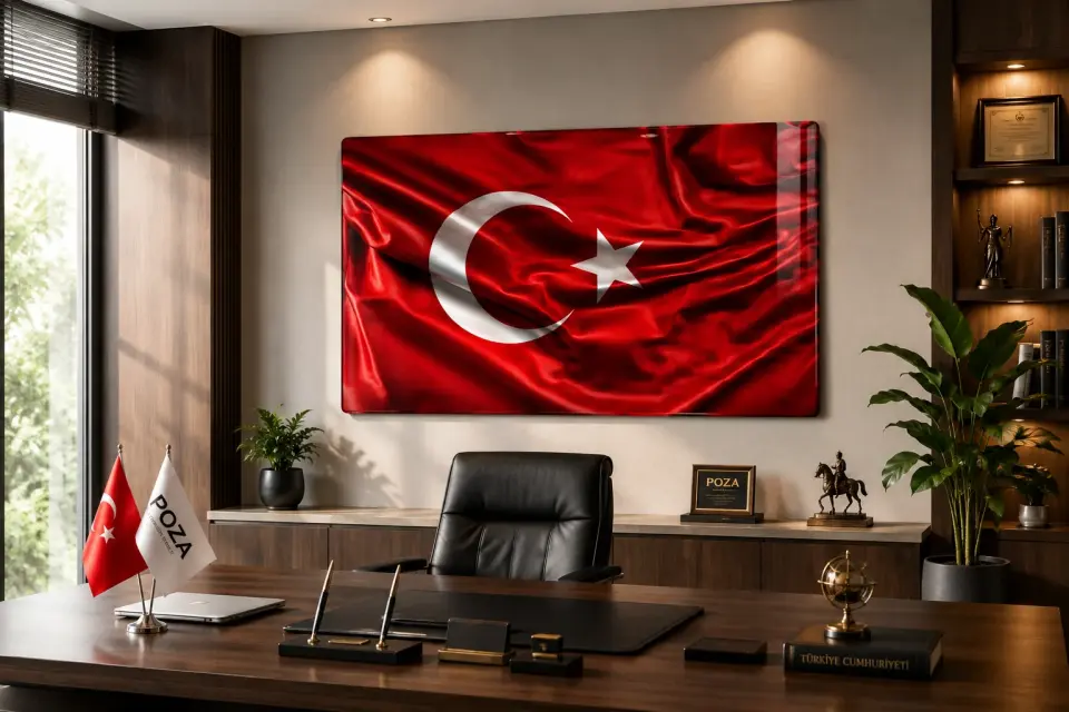 Makam odası ve ofis dekorasyonu için hazırlanan Türk bayraklı cam tablo.